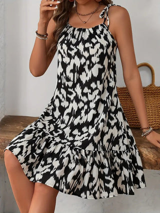 Leopard Print Tie Shoulder Ruffle Hem Mini Dress