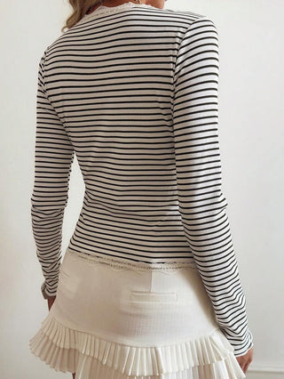 Lace Patchwork Stripe Print Casual Tops