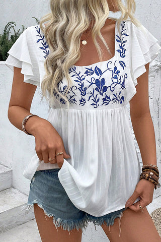 Square Neck Ruffle Sleeve Causal Tops