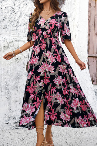 V Neck Floral Print Split Maxi Dress