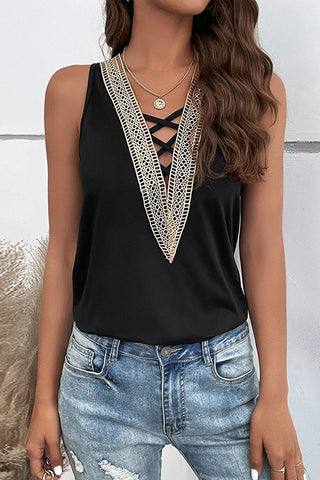Solid V Neck Patchwork Sleeveless Tops