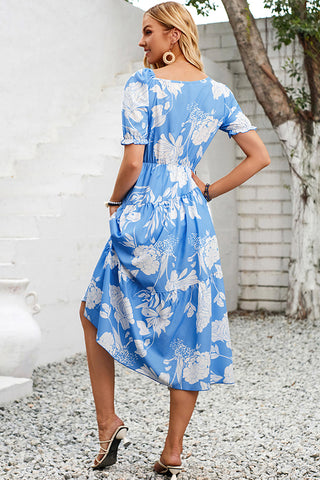 Fashion Floral Print Oblique Neck Casual Dress