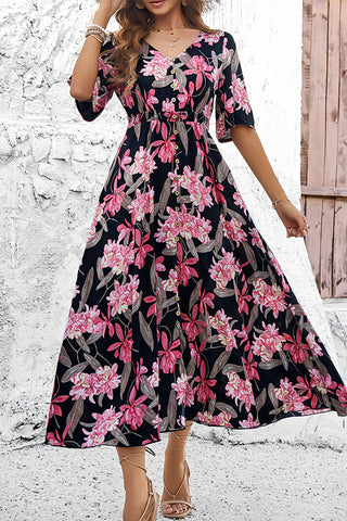 V Neck Floral Print Split Maxi Dress