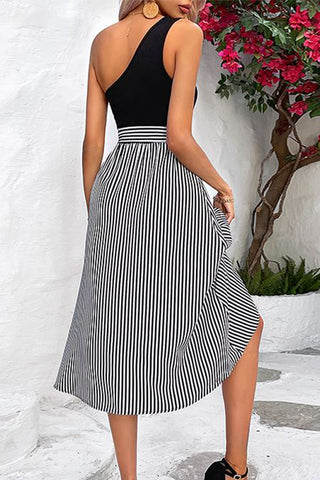 One Shoulder Black And Stripe Print Patchwork Dress