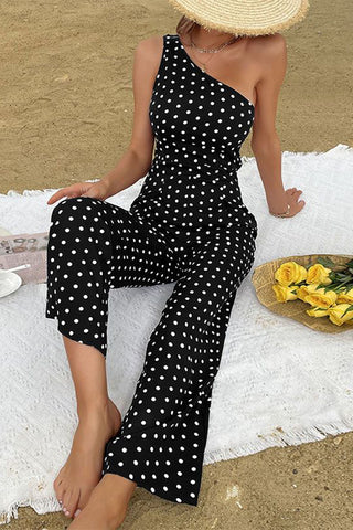 Black And White Dots Print One Shoulder Jumpsuit