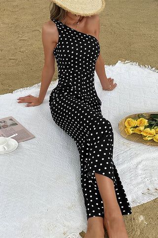 Black And White Dots Print One Shoulder Jumpsuit