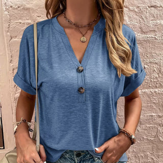 Solid Color V Neck Twist Button Casual Tops