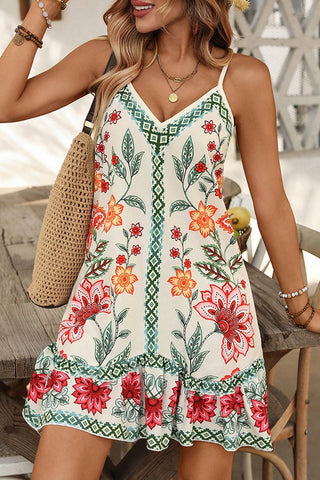 Fashion Floral Print V Neck Mini Dress