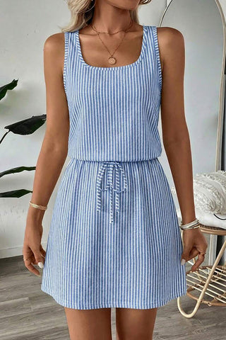 Stripe Print Drawstring  High Waist Casual Dress