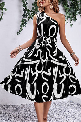 Fashion Printed One Shoulder Casual Dress