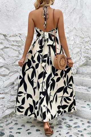 Fashion Printed Hook Design Split Side Maxi Dress