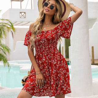 Off The Shoulder Floral Print  Smoked Waist Dress