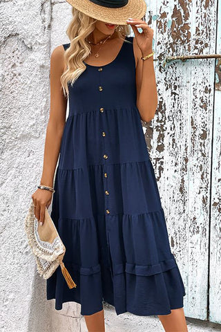 Solid Color Round Neck Button Up Casual Dress