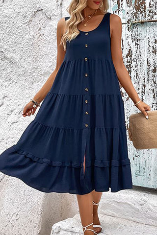Solid Color Round Neck Button Up Casual Dress