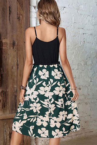 Fashion Floral Printed And Solid Patchwork Dress