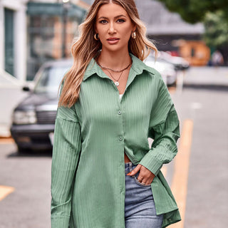 Solid Color Button Long Sleeve Casual Tops