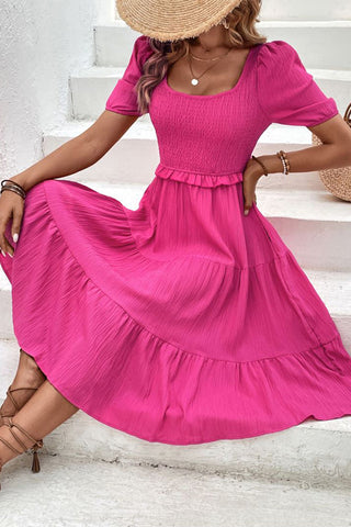 Solid Color Square Neck Smocked Casual Dress