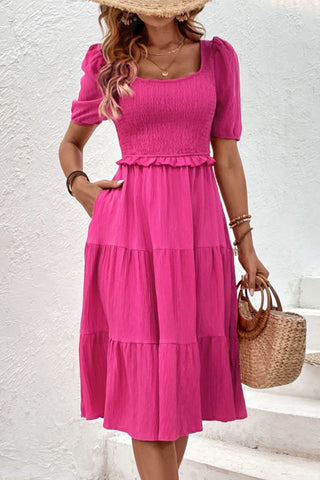 Solid Color Square Neck Smocked Casual Dress