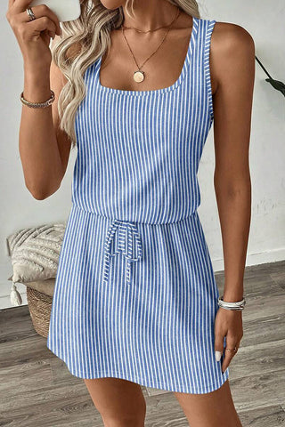 Stripe Print Drawstring  High Waist Casual Dress