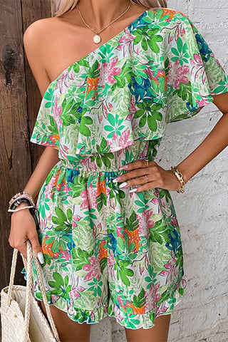 Floral Print Holiday Style One Shoulder Rompers