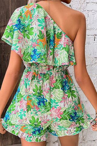 Floral Print Holiday Style One Shoulder Rompers