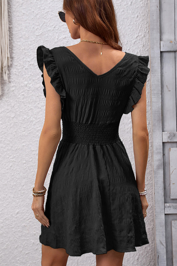 Solid Black V Neck Ruffle Sleeve Mini Dress – Beachsissi