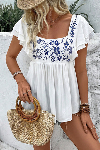Square Neck Ruffle Sleeve Causal Tops