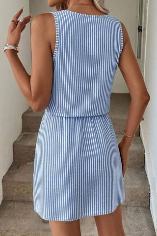 Stripe Print Drawstring  High Waist Casual Dress