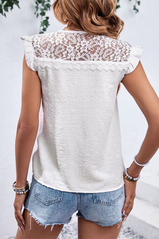Solid V Neck Lace Patchwork Casual Tops