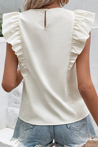 Solid Round Neck Flutter Sleeve Casual Tops
