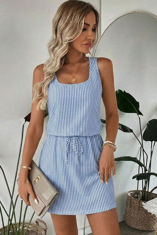 Stripe Print Drawstring  High Waist Casual Dress