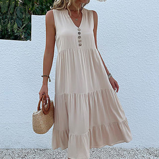 Solid Color V Neck Sleeveless Casual Dress