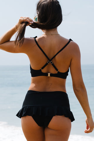 Black And Ruffle Shoulder Swim Skirt Bikini Set