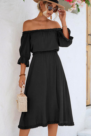 Solid Color Off The Shoulder Frill Casual Dress