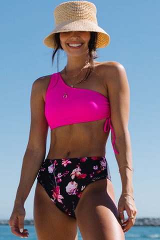One Shoulder Drawstring Side Floral Print Bikini Set