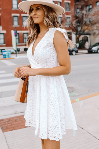 Ruffle Shoulder Hollow White Mini Dress