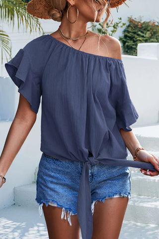 Knot Front Ruffle Sleeve Casual Tops