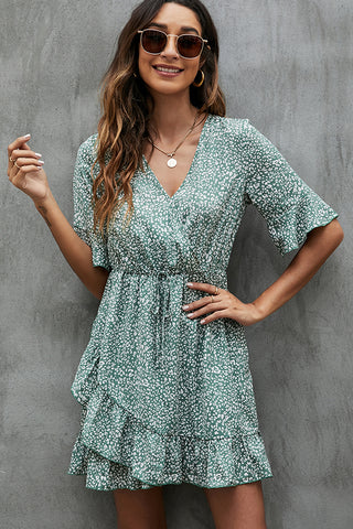 V Neck Printed Trumpet Sleeve Casual Dress