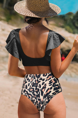 Ruffle Embellished Leopard Print High Waist Bikini