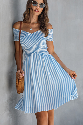 Smocked Chest Bardot Stripe Print Mini Dress