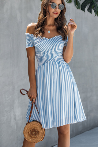 Smocked Chest Bardot Stripe Print Mini Dress