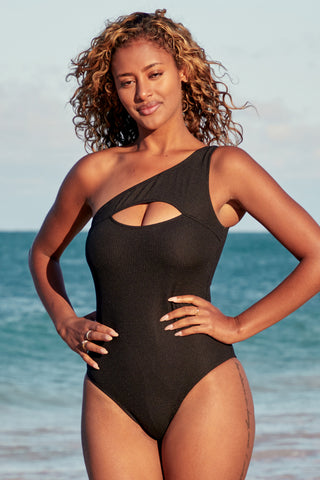 Black And Knot Front Ribbed One Piece Swimsuit