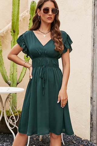 Solid Color V Neck Ruched Casual Dress
