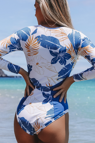 Long Sleeve Printed Zipper Up Surfing Swimsuits