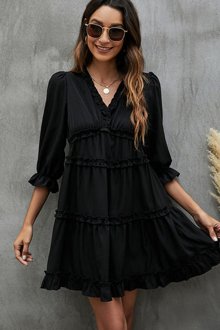 Solid Black and Ruffled V Neck Mini Dress