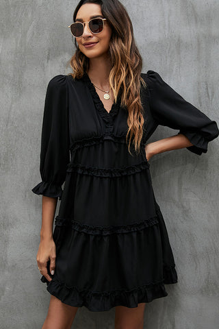 Solid Black and Ruffled V Neck Mini Dress
