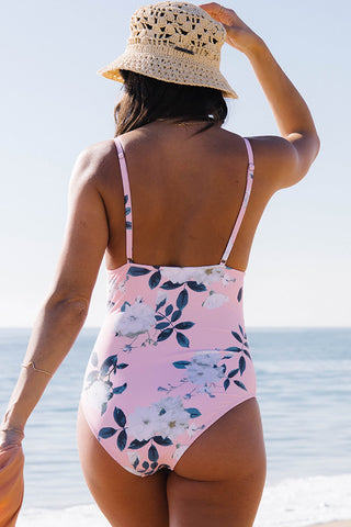 Floral Print V Neck One Piece Swimsuit