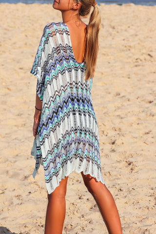 Tie Front Half Sleeve Knitted Swimsuit Cover Up