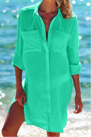 Solid Color Roll Up Sleeve Swimsuit Cover Up