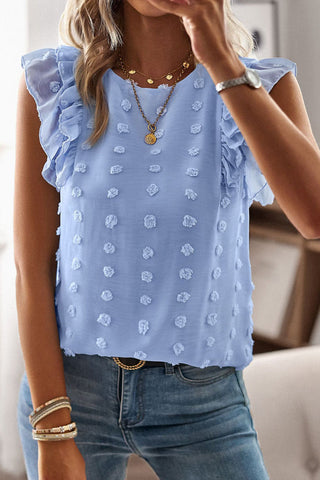 Ruffle Shoulder Round Neck Casual Tops